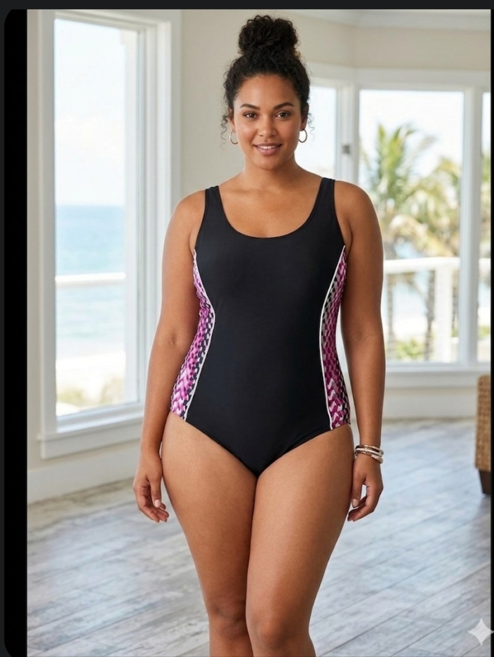 Catalina 3X Black 1 Piece Swimsuit Slimming Pink Geo Sides